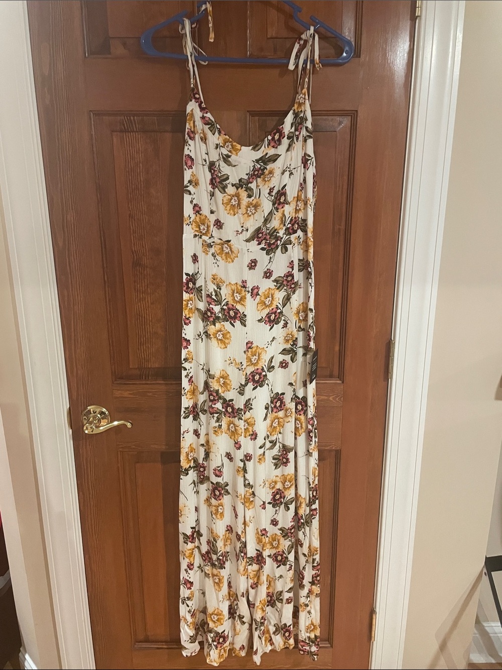 Lulu's Cream Maxi Dress with Mustard & Burgundy Floral Print